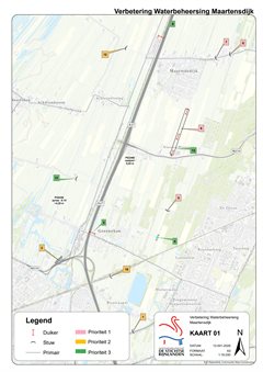 Kaartje met de locaties waar de waterbeheersing verbeterd wordt rond Maartensdijk